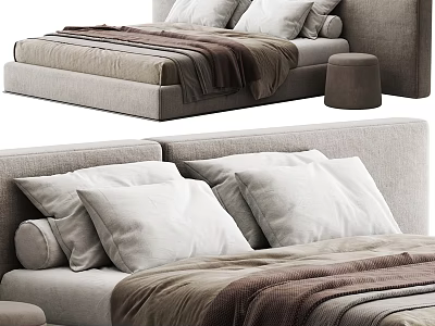 Stylish Modern Double Bed With Linen Bedding Plush Pillows And Cozy Blanket 3d model
