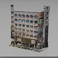 Old Style Multi Story Building With Colored Windows Ground Floor Shops And Exterior Signboards
