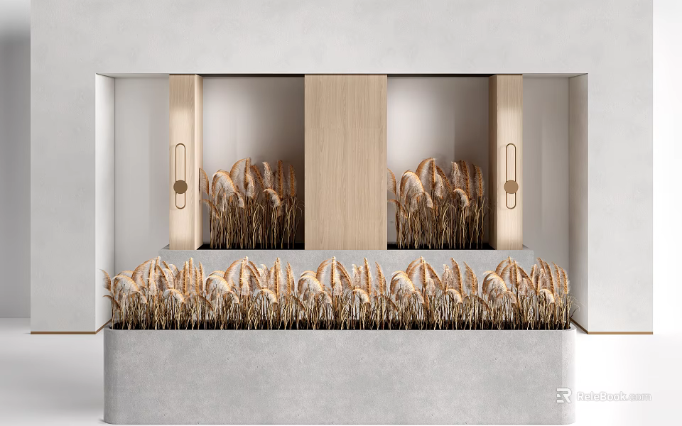 Elegant Window Display Featuring Golden Wheat Ears Wooden Panels And Light Colored Background 3d model 