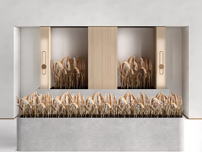 Elegant Window Display Featuring Golden Wheat Ears Wooden Panels And Light Colored Background 3d model