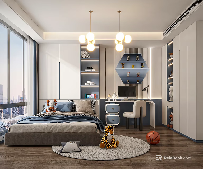 Kids Room Interior With Bed Stuffed Toys Rug Desk Chair Bookshelves And Pendant Lights 3d model 