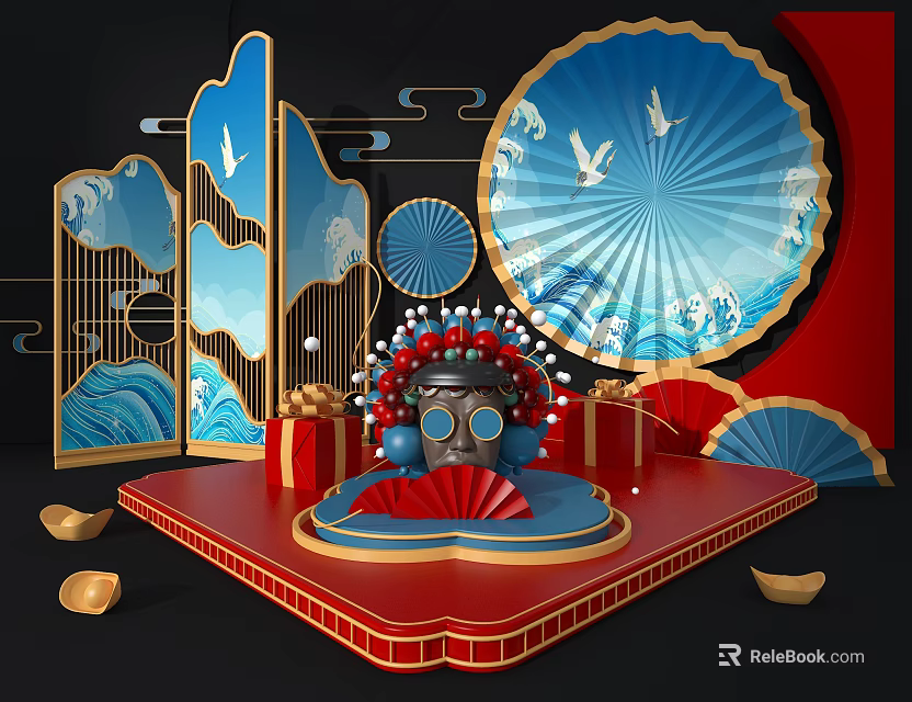 Chinese Fan Shaped Display Stand With Crane Patterns Red Blue Decor And Gift Boxes 3d model 