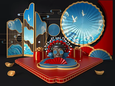 Chinese Fan Shaped Display Stand With Crane Patterns Red Blue Decor And Gift Boxes 3d model