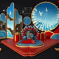 Chinese Fan Shaped Display Stand With Crane Patterns Red Blue Decor And Gift Boxes 3d model