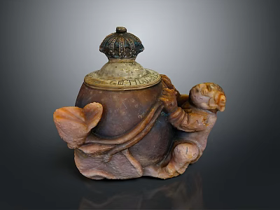 Intricate Stone Sculpture Carving With Monkey Figure And Gourd Shaped Jar Decorative Lid Details 3d model