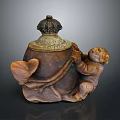 Intricate Stone Sculpture Carving With Monkey Figure And Gourd Shaped Jar Decorative Lid Details