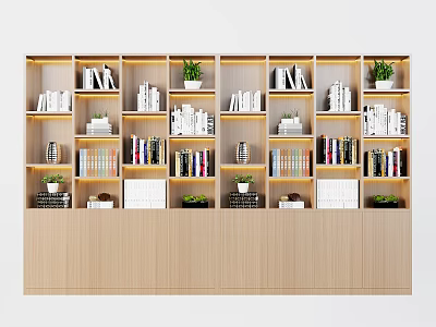 Modern Wooden Multi Layer Bookshelf With Books Plants And Decorative Items 3d model