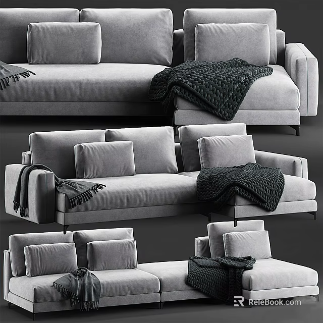 Modern Gray Sectional Sofa With Soft Fabric Cushions And Throw Blanket 3d model