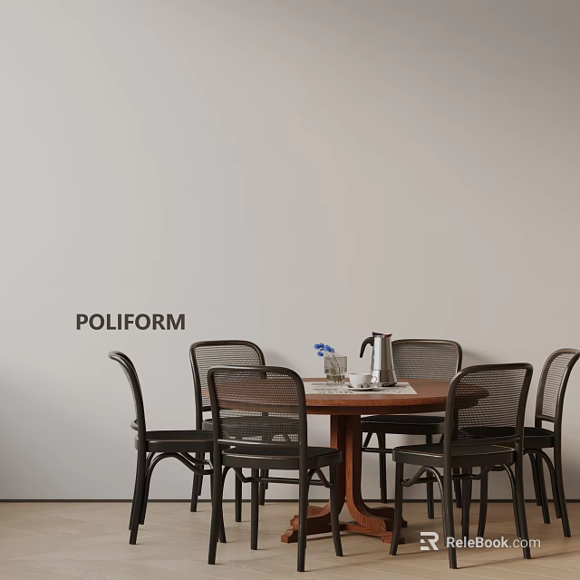 Poliform Modern Minimalist Dining Table Set With Black Chairs And Decor Items On White Wall 3d model 