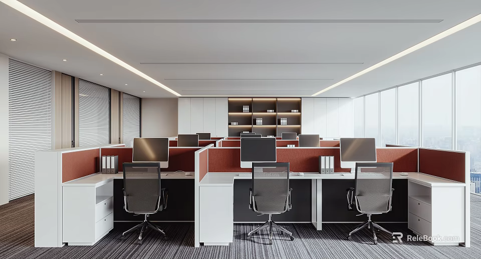 Modern Office Interior Design With Open Workspace Cubicles Computers Bookshelves And Large Windows 3d model 