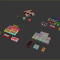 Colorful Puzzle Pieces In Red Gray Black Scattered On Gray Background With Various Shapes