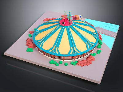 Cosmic Space Station Round Module With Blue Yellow Stripes Green Circular Decor And Red Observation Tower 3d model