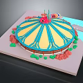 Cosmic Space Station Round Module With Blue Yellow Stripes Green Circular Decor And Red Observation Tower