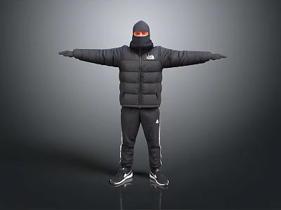 Man In Black Hooded Jacket With Mask And Outstretched Arms Wearing Black Pants And Sneakers 3d model