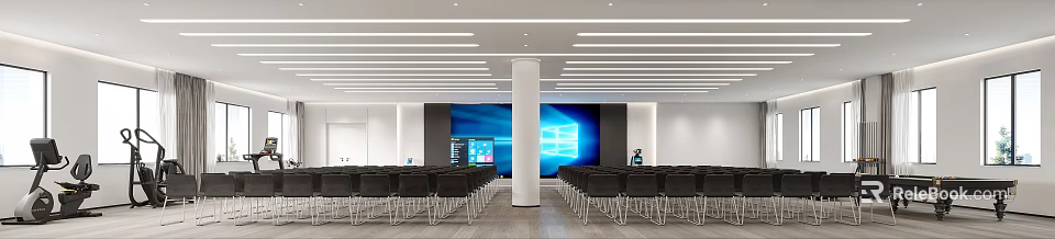 Modern Conference Room Interior With Large Screen Rows Of Chairs And Ceiling Lighting 3d model 