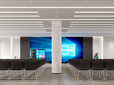 Modern Conference Room Interior With Large Screen Rows Of Chairs And Ceiling Lighting 3d model