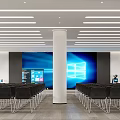 Modern Conference Room Interior With Large Screen Rows Of Chairs And Ceiling Lighting