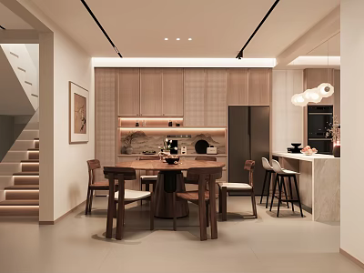 Modern Dining Room With Open Layout Wooden Table Bar Counter And Lighting 3d model