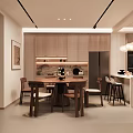 Modern Dining Room With Open Layout Wooden Table Bar Counter And Lighting