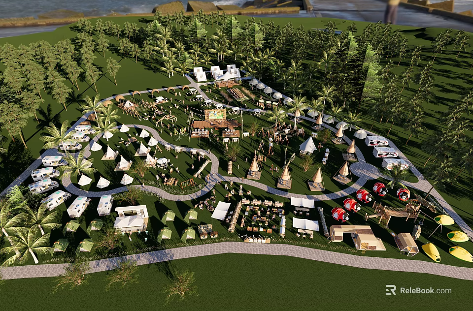 Tropical Scenic Glamping Campsite With Luxury Tents RV Parking Palm Trees And Spacious Seating Areas 3d model 