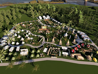 Tropical Scenic Glamping Campsite With Luxury Tents RV Parking Palm Trees And Spacious Seating Areas 3d model