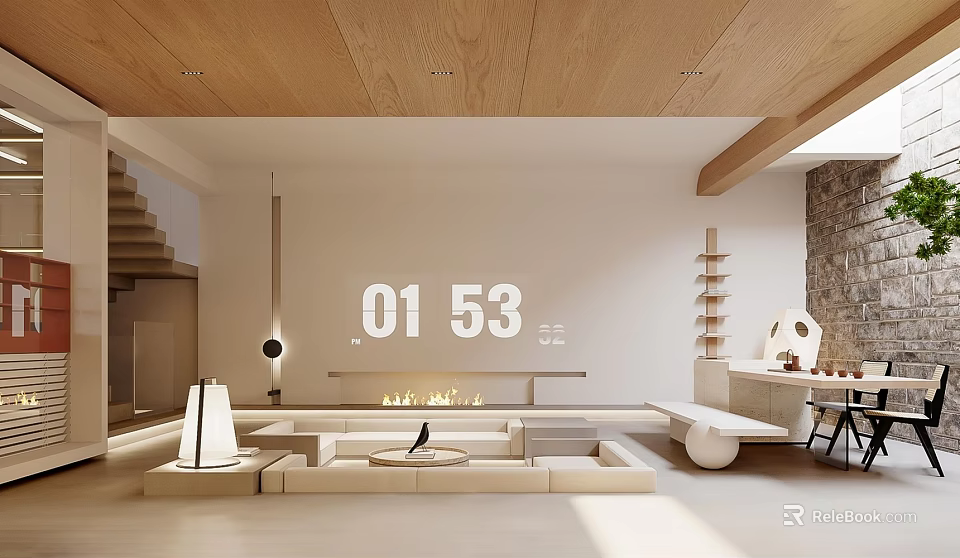 Modern Basement Interior Design With Wooden Ceiling Sofa Fireplace And Natural Light 3d model 