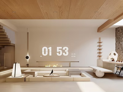 Modern Basement Interior Design With Wooden Ceiling Sofa Fireplace And Natural Light 3d model