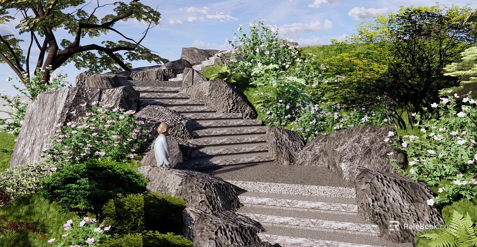 Natural Outdoor Rocky Stairs Surrounded By Lush Green Plants And Flowers 3d model 