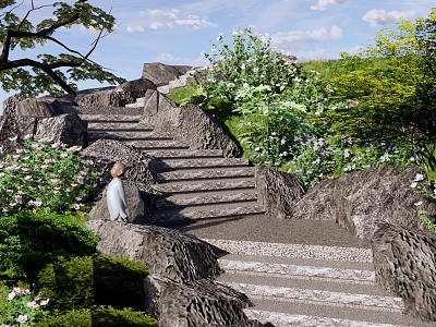 Natural Outdoor Rocky Stairs Surrounded By Lush Green Plants And Flowers 3d model