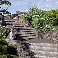 Natural Outdoor Rocky Stairs Surrounded By Lush Green Plants And Flowers