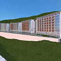 Modern Waterfront Hotel Building With Multi Story White Brown Facade And Mountain View