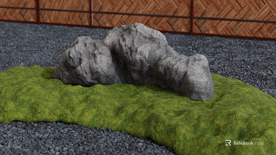 Traditional Japanese Karesansui Garden With Large Rock Green Moss Gray Gravel And Bamboo Fence 3d model 