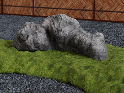 Traditional Japanese Karesansui Garden With Large Rock Green Moss Gray Gravel And Bamboo Fence 3d model