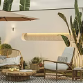 Modern Outdoor Sofa With Umbrella Coffee Table And Lush Palm Plants In Patio Area