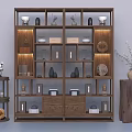 Traditional Chinese Wooden Bogu Shelf with Multiple Compartments Displaying Porcelain Sculptures and Decorative Ornaments