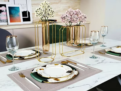 Elegant Dinnerware Set With Golden Vases Wine Glasses And Marble Tabletop 3d model