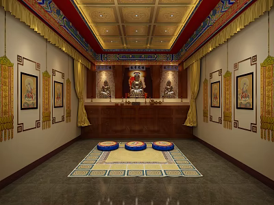 Traditional Buddhist Worship Hall Interior With Central Buddha Statue And Prayer Mats 3d model
