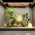 Courtyard Garden With Lush Ferns Green Plants Moss Stones Round Light Wooden Elements Gray Walls