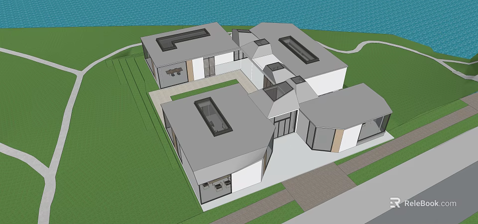 Modern Residential Architectural Design With Connected Structures Skylight Roofs Green Lawn And Waterfront 3d model 