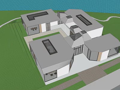 Modern Residential Architectural Design With Connected Structures Skylight Roofs Green Lawn And Waterfront 3d model