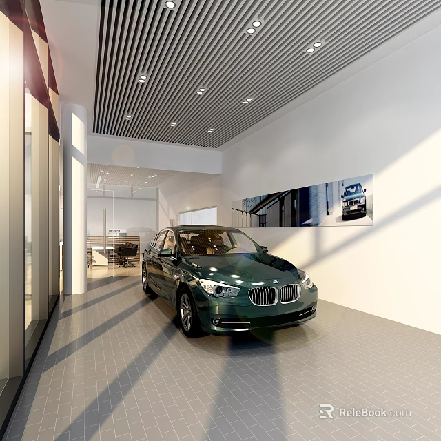 Modern 4S Car Dealership Showroom With Green BMW Vehicle On 3d model 