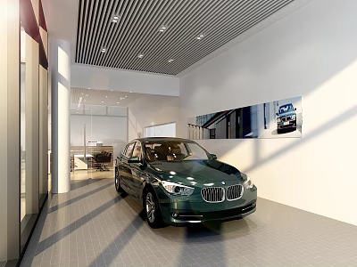 Modern 4S Car Dealership Showroom With Green BMW Vehicle On 3d model