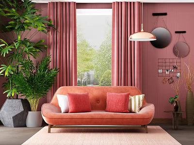 Orange Multi Seater Sofa with Red Striped Pillows in Pink Room Green Plants Curtains 3d model