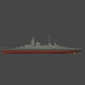 Detailed Military Battleship With Turrets Mast And Red Hull Structure
