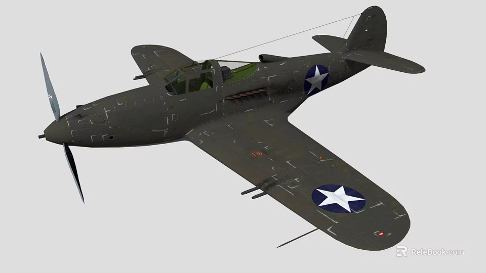 Olive Green Military Fighter Aircraft With Star Insignia On Wings And Propeller 3d model 