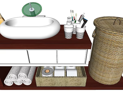 Elegant Bathtub on Wooden Countertop with Toiletries Wicker Basket Rolled Towels and Storage Boxes 3d model