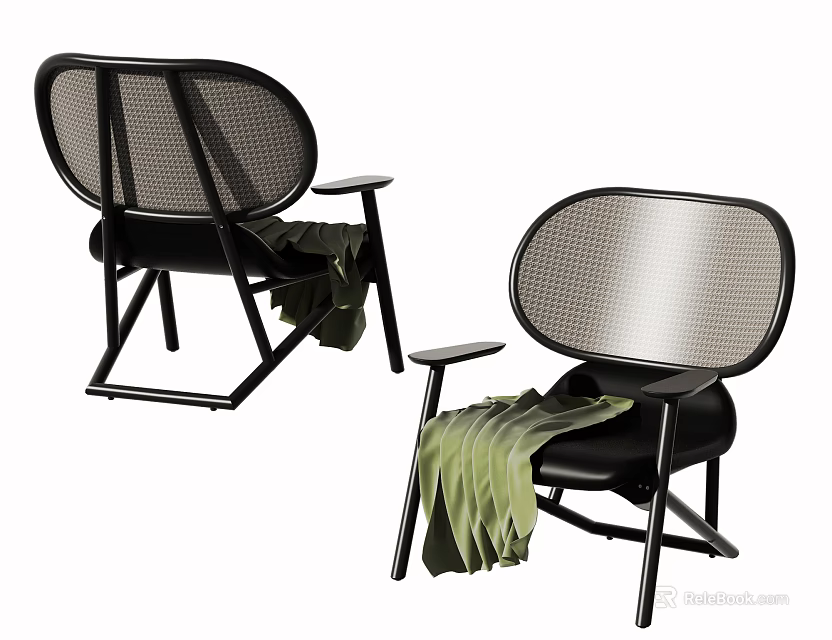 Modern Leisure Chairs With Black Frame Mesh Back And Green Throw Blanket 3d model 
