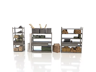 Metal Storage Shelves With Multiple Layers Holding Boxes Rolled Items And Tools 3d model