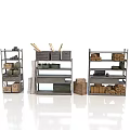 Metal Storage Shelves With Multiple Layers Holding Boxes Rolled Items And Tools