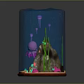 Underwater Natural Scene With Purple Octopus Jellyfish Green Seaweed Sandy Bottom And Colorful Corals